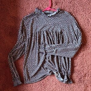 Long Sleeve Ruffle Neck Printed Women’s Top - Navy with Pink Dots